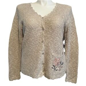 VTG Embroidered Cardigan L Linen Blend Cottagecore Grannycore Neutral Pocket
